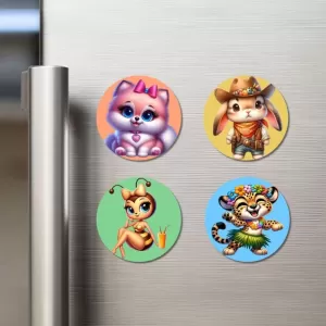 Cat, Rabbit, Bee, And Cheetah. Fridge Magnets – 4 Piece Set | 3 Inch Round Wall Fridge Decor (F22962) Cat, Rabbit, Bee, And Cheetah. Fridge Magnets – 4 Piece Set | 3 Inch Round Wall Fridge Decor (F22962)
