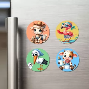 Sheep, Flamingo, Stork, And Cow. Fridge Magnets – 4 Piece Set | 3 Inch Round Wall Fridge Decor (F22963) Sheep, Flamingo, Stork, And Cow. Fridge Magnets – 4 Piece Set | 3 Inch Round Wall Fridge Decor (F22963)