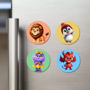 Lion, Penguin, Cat, And Monster. Fridge Magnets Ã¢â‚¬â€œ 4 Piece Set | 3 Inch Round Wall Fridge Decor (F22969)