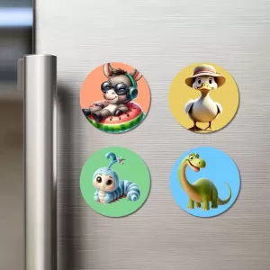 Donkey, Duck, Caterpillar, And Dinosaur. Fridge Magnets – 4 Piece Set | 3 Inch Round Wall Fridge Decor (F22973) Donkey, Duck, Caterpillar, And Dinosaur. Fridge Magnets – 4 Piece Set | 3 Inch Round Wall Fridge Decor (F22973)