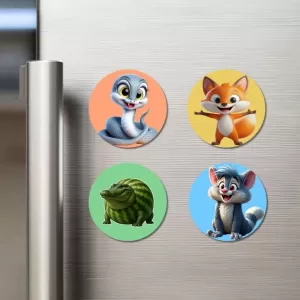 Snake, Fox, Armadillo, And Wolf. Fridge Magnets Ã¢â‚¬â€œ 4 Piece Set | 3 Inch Round Wall Fridge Decor (F22975)