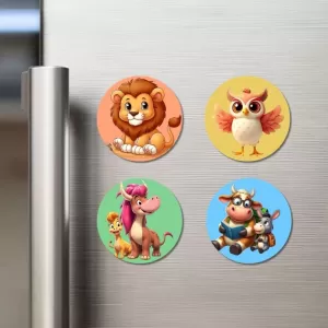 Lion, Owl, Monster, And Cow. Fridge Magnets – 4 Piece Set | 3 Inch Round Wall Fridge Decor (F22978) Lion, Owl, Monster, And Cow. Fridge Magnets – 4 Piece Set | 3 Inch Round Wall Fridge Decor (F22978)