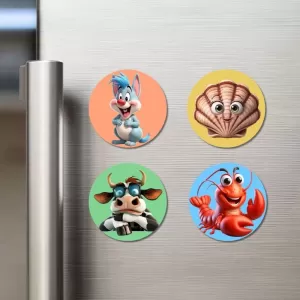 Rabbit, Shell, Cow, And Lobster. Fridge Magnets Ã¢â‚¬â€œ 4 Piece Set | 3 Inch Round Wall Fridge Decor (F22979)