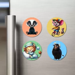 Badger, Mouse, Cat, And Bull. Fridge Magnets – 4 Piece Set | 3 Inch Round Wall Fridge Decor (F22982) Badger, Mouse, Cat, And Bull. Fridge Magnets – 4 Piece Set | 3 Inch Round Wall Fridge Decor (F22982)