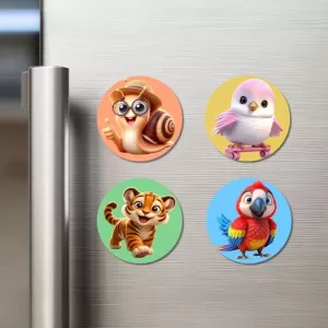 Snail, Bird, Tiger, And Parrot. Fridge Magnets – 4 Piece Set | 3 Inch Round Wall Fridge Decor (F22986) Snail, Bird, Tiger, And Parrot. Fridge Magnets – 4 Piece Set | 3 Inch Round Wall Fridge Decor (F22986)
