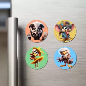 Skunk, Mouse, Duck, And Eagle. Fridge Magnets Ã¢â‚¬â€œ 4 Piece Set | 3 Inch Round Wall Fridge Decor (F22988)