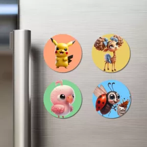 Pikachu, Deer, Bird, And Ladybug. Fridge Magnets Ã¢â‚¬â€œ 4 Piece Set | 3 Inch Round Wall Fridge Decor (F22992)