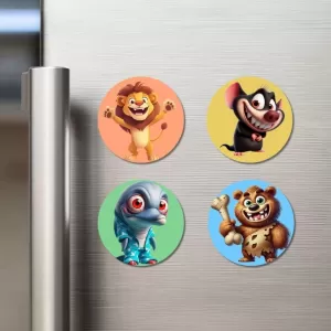 Lion, Mouse, Alien, And Bear. Fridge Magnets Ã¢â‚¬â€œ 4 Piece Set | 3 Inch Round Wall Fridge Decor (F22995)