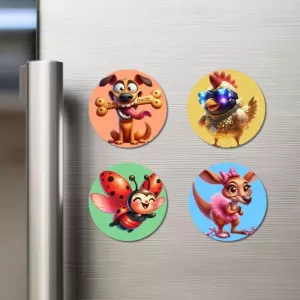 Dog, Chicken, Ladybug, And Kangaroo. Fridge Magnets Ã¢â‚¬â€œ 4 Piece Set | 3 Inch Round Wall Fridge Decor (F22996)