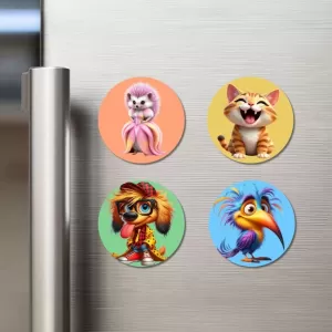 Hedgehog, Cat, Dog, And Toucan. Fridge Magnets Ã¢â‚¬â€œ 4 Piece Set | 3 Inch Round Wall Fridge Decor (F22997)