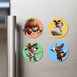 Crab, Squirrel, Dog, And Fox. Fridge Magnets – 4 Piece Set | 3 Inch Round Wall Fridge Decor (F23001) Crab, Squirrel, Dog, And Fox. Fridge Magnets – 4 Piece Set | 3 Inch Round Wall Fridge Decor (F23001)