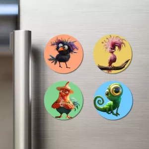 Bird, Flamingo, Rooster, And Chameleon. Fridge Magnets – 4 Piece Set | 3 Inch Round Wall Fridge Decor (F23003) Bird, Flamingo, Rooster, And Chameleon. Fridge Magnets – 4 Piece Set | 3 Inch Round Wall Fridge Decor (F23003)