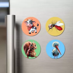 Cow, Mosquito, Squirrel, And Stork. Fridge Magnets Ã¢â‚¬â€œ 4 Piece Set | 3 Inch Round Wall Fridge Decor (F23006)