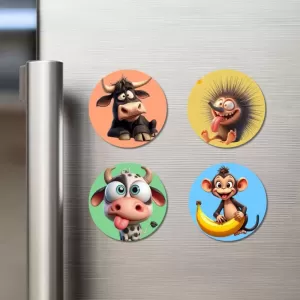 Bull, Hedgehog, Cow, And Monkey. Fridge Magnets – 4 Piece Set | 3 Inch Round Wall Fridge Decor (F23008) Bull, Hedgehog, Cow, And Monkey. Fridge Magnets – 4 Piece Set | 3 Inch Round Wall Fridge Decor (F23008)