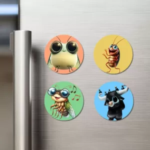 Fly, Cockroach, Cicada, And Yak. Fridge Magnets – 4 Piece Set | 3 Inch Round Wall Fridge Decor (F23009) Fly, Cockroach, Cicada, And Yak. Fridge Magnets – 4 Piece Set | 3 Inch Round Wall Fridge Decor (F23009)
