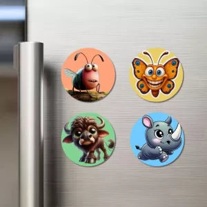 Bull, Hedgehog, Cow, And Monkey. Fridge Magnets – 4 Piece Set | 3 Inch Round Wall Fridge Decor (F23010) Bull, Hedgehog, Cow, And Monkey. Fridge Magnets – 4 Piece Set | 3 Inch Round Wall Fridge Decor (F23010)