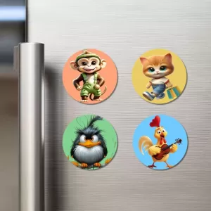 Monkey, Cat, Bird, And Rooster. Fridge Magnets – 4 Piece Set | 3 Inch Round Wall Fridge Decor (F23011) Monkey, Cat, Bird, And Rooster. Fridge Magnets – 4 Piece Set | 3 Inch Round Wall Fridge Decor (F23011)