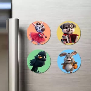 Zebra, Dog, Bird, And Rabbit. Fridge Magnets – 4 Piece Set | 3 Inch Round Wall Fridge Decor (F23012) Zebra, Dog, Bird, And Rabbit. Fridge Magnets – 4 Piece Set | 3 Inch Round Wall Fridge Decor (F23012)