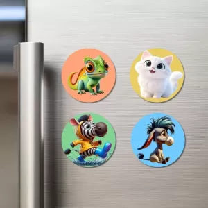 Chameleon, Cat, Zebra, And Donkey. Fridge Magnets – 4 Piece Set | 3 Inch Round Wall Fridge Decor (F23015) Chameleon, Cat, Zebra, And Donkey. Fridge Magnets – 4 Piece Set | 3 Inch Round Wall Fridge Decor (F23015)