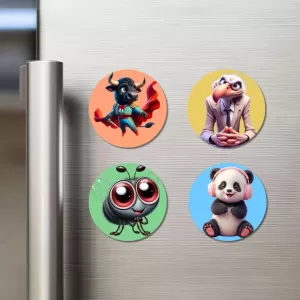 Bull, Vulture, Fly, And Panda. Fridge Magnets Ã¢â‚¬â€œ 4 Piece Set | 3 Inch Round Wall Fridge Decor (F23016)