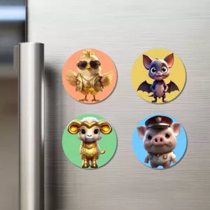 Chick, Bat, Sheep, And Pig. Fridge Magnets – 4 Piece Set | 3 Inch Round Wall Fridge Decor (F23019) Chick, Bat, Sheep, And Pig. Fridge Magnets – 4 Piece Set | 3 Inch Round Wall Fridge Decor (F23019)