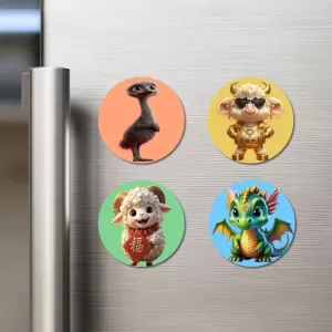 Emu, Sheep, Ram, And Dragon. Fridge Magnets – 4 Piece Set | 3 Inch Round Wall Fridge Decor (F23020) Emu, Sheep, Ram, And Dragon. Fridge Magnets – 4 Piece Set | 3 Inch Round Wall Fridge Decor (F23020)
