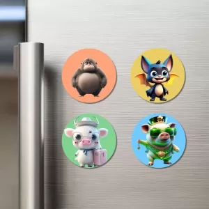 Gorilla, Bat, Pig, And Pig. Fridge Magnets Ã¢â‚¬â€œ 4 Piece Set | 3 Inch Round Wall Fridge Decor (F23021)