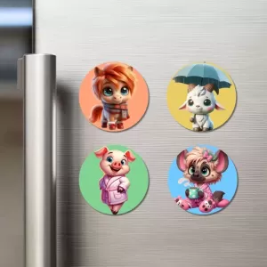 Horse, Goat, Pig, And Hyena. Fridge Magnets Ã¢â‚¬â€œ 4 Piece Set | 3 Inch Round Wall Fridge Decor (F23023)