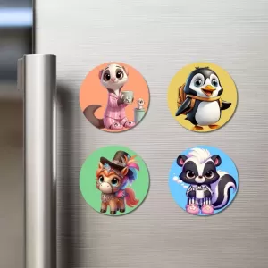 Possum, Penguin, Pony, And Skunk. Fridge Magnets Ã¢â‚¬â€œ 4 Piece Set | 3 Inch Round Wall Fridge Decor (F23024)