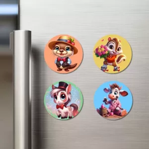 Beaver, Chipmunk, Pony, And Cow. Fridge Magnets – 4 Piece Set | 3 Inch Round Wall Fridge Decor (F23025) Beaver, Chipmunk, Pony, And Cow. Fridge Magnets – 4 Piece Set | 3 Inch Round Wall Fridge Decor (F23025)
