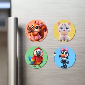 Squirrel, Cat, Parrot, And Toucan. Fridge Magnets – 4 Piece Set | 3 Inch Round Wall Fridge Decor (F23027) Squirrel, Cat, Parrot, And Toucan. Fridge Magnets – 4 Piece Set | 3 Inch Round Wall Fridge Decor (F23027)