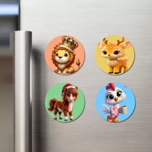Lion, Deer, Horse, And Chicken. Fridge Magnets Ã¢â‚¬â€œ 4 Piece Set | 3 Inch Round Wall Fridge Decor (F23029)