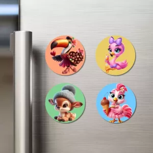 Flamingo, Toucan, Parrot, And Horse. Fridge Magnets Ã¢â‚¬â€œ 4 Piece Set | 3 Inch Round Wall Fridge Decor (F23030)