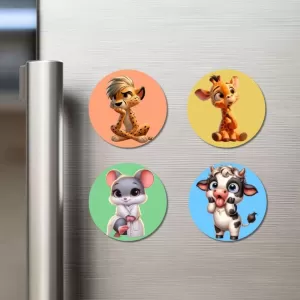 Cheetah, Giraffe, Mouse, And Cow. Fridge Magnets Ã¢â‚¬â€œ 4 Piece Set | 3 Inch Round Wall Fridge Decor (F23032)