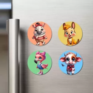 Wombat, Kangaroo, Flamingo, And Cow. Fridge Magnets Ã¢â‚¬â€œ 4 Piece Set | 3 Inch Round Wall Fridge Decor (F23035)