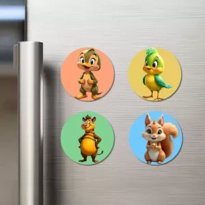 Duck, Bird, Tiger, Squirrel Fridge Magnets Ã¢â‚¬â€œ 4 Piece Set | 3 Inch Round Wall Fridge Decor (F23036)