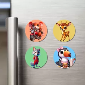 Mouse, Deer, Wolf, And Toucan. Fridge Magnets Ã¢â‚¬â€œ 4 Piece Set | 3 Inch Round Wall Fridge Decor (F23037)