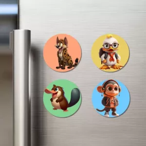Duck, Bird, Hyena, And Squirrel. Fridge Magnets – 4 Piece Set | 3 Inch Round Wall Fridge Decor (F23038) Duck, Bird, Hyena, And Squirrel. Fridge Magnets – 4 Piece Set | 3 Inch Round Wall Fridge Decor (F23038)