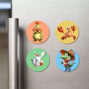 Chicken, Crab, Seagull, And Crocodile. Fridge Magnets – 4 Piece Set | 3 Inch Round Wall Fridge Decor (F23040) Chicken, Crab, Seagull, And Crocodile. Fridge Magnets – 4 Piece Set | 3 Inch Round Wall Fridge Decor (F23040)