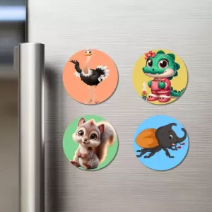 Ostrich, Crocodile, Squirrel, And Beetle. Fridge Magnets – 4 Piece Set | 3 Inch Round Wall Fridge Decor (F23043) Ostrich, Crocodile, Squirrel, And Beetle. Fridge Magnets – 4 Piece Set | 3 Inch Round Wall Fridge Decor (F23043)