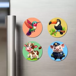 Hummingbird, Toucan, Cow, And Pig. Fridge Magnets Ã¢â‚¬â€œ 4 Piece Set | 3 Inch Round Wall Fridge Decor (F23045)