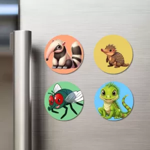 Anteater, Echidna, Fly, And Lizard. Fridge Magnets – 4 Piece Set | 3 Inch Round Wall Fridge Decor (F23047) Anteater, Echidna, Fly, And Lizard. Fridge Magnets – 4 Piece Set | 3 Inch Round Wall Fridge Decor (F23047)