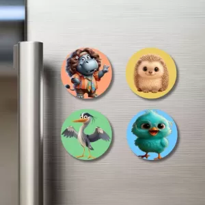 Hippo, Hedgehog, Heron, And Chick. Fridge Magnets – 4 Piece Set | 3 Inch Round Wall Fridge Decor (F23048) Hippo, Hedgehog, Heron, And Chick. Fridge Magnets – 4 Piece Set | 3 Inch Round Wall Fridge Decor (F23048)