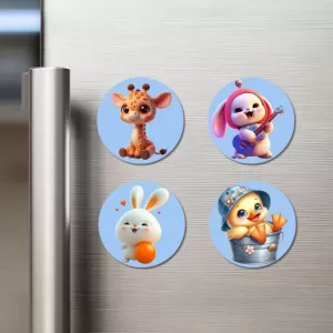 Giraffe, Bunny, Rabbit, And Chick. Fridge Magnets Ã¢â‚¬â€œ 4 Piece Set | 3 Inch Round Wall Fridge Decor (F23052)