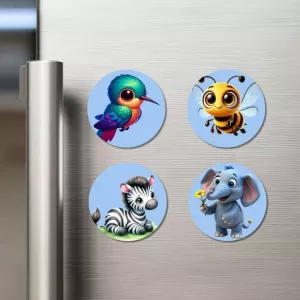 Hummingbird, Bee, Zebra, And Elephant. Fridge Magnets – 4 Piece Set | 3 Inch Round Wall Fridge Decor (F23053) Hummingbird, Bee, Zebra, And Elephant. Fridge Magnets – 4 Piece Set | 3 Inch Round Wall Fridge Decor (F23053)