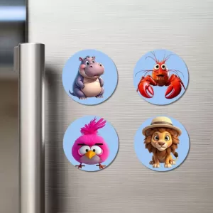 Hippo, Lobster, Bird, And Lion. Fridge Magnets – 4 Piece Set | 3 Inch Round Wall Fridge Decor (F23054) Hippo, Lobster, Bird, And Lion. Fridge Magnets – 4 Piece Set | 3 Inch Round Wall Fridge Decor (F23054)