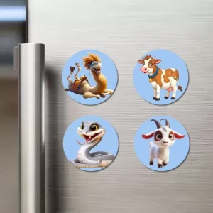 Camel, Cow, Snake, And Goat. Fridge Magnets – 4 Piece Set | 3 Inch Round Wall Fridge Decor (F23056) Camel, Cow, Snake, And Goat. Fridge Magnets – 4 Piece Set | 3 Inch Round Wall Fridge Decor (F23056)