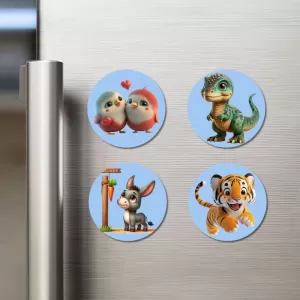 Birds, Dinosaur, Donkey, And Tiger. Fridge Magnets – 4 Piece Set | 3 Inch Round Wall Fridge Decor (F23057) Birds, Dinosaur, Donkey, And Tiger. Fridge Magnets – 4 Piece Set | 3 Inch Round Wall Fridge Decor (F23057)