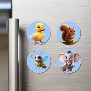 Duck, Squirrel, Bee, And Elephant. Fridge Magnets – 4 Piece Set | 3 Inch Round Wall Fridge Decor (F23058) Duck, Squirrel, Bee, And Elephant. Fridge Magnets – 4 Piece Set | 3 Inch Round Wall Fridge Decor (F23058)
