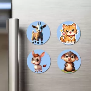 Goat, Cat, Donkey, And Mouse. Fridge Magnets – 4 Piece Set | 3 Inch Round Wall Fridge Decor (F23063) Goat, Cat, Donkey, And Mouse. Fridge Magnets – 4 Piece Set | 3 Inch Round Wall Fridge Decor (F23063)